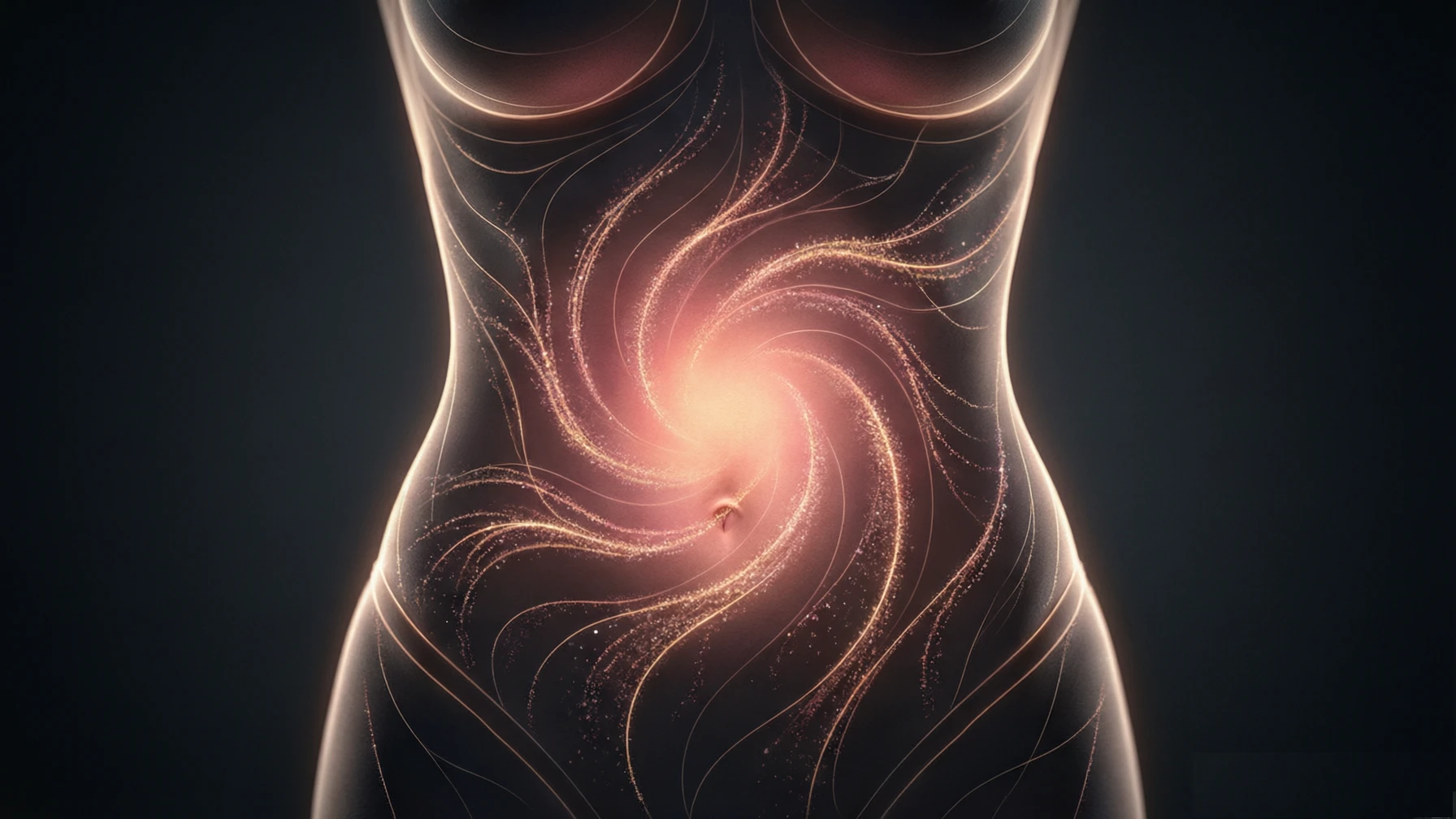 女性腰腹輪廓中心盓旋溫熱光暈喚醒核心，光點沿淋巴路徑流動，象徵腰腹美學與內生熱塑形